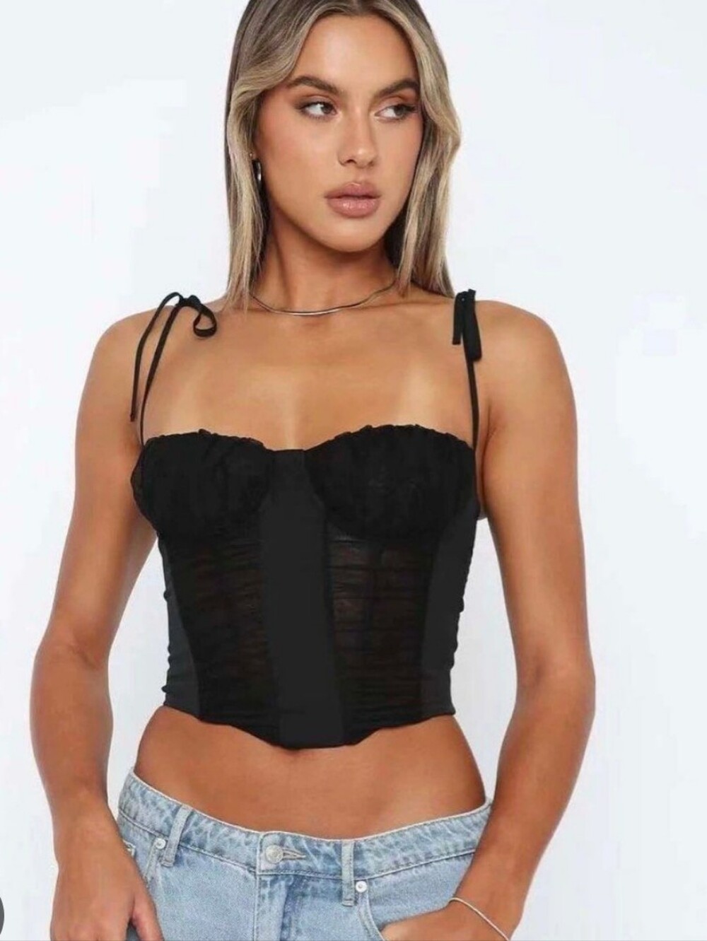 White Fox Black Sheer Ruched Tie-Shoulder Corset Crop Top - Xs